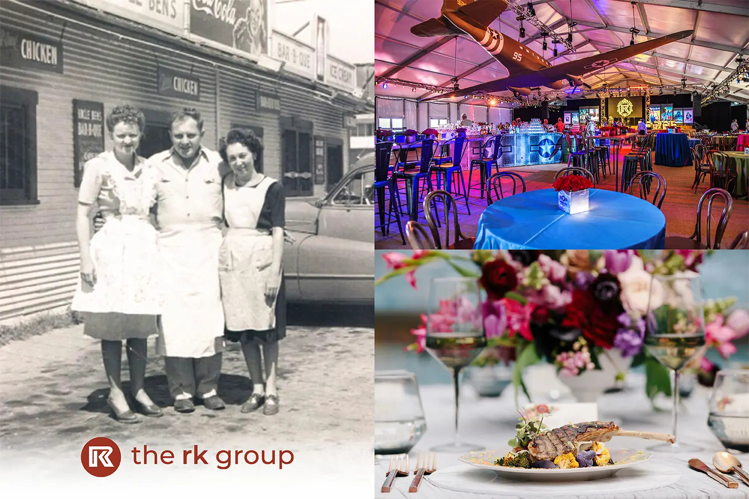 Image collage. The left image is of Rosemary in the first days of the business with a man and another woman. On the right are 2 images. The top right is a tent with decorations and a hanging airplane. The bottom left. is an image of a catered dinner with classy tableware.